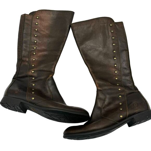 BORN Womens Brown 6.5 M Leather Zip Studded Knee High Comfort Boots Style D85116 - Picture 1 of 9
